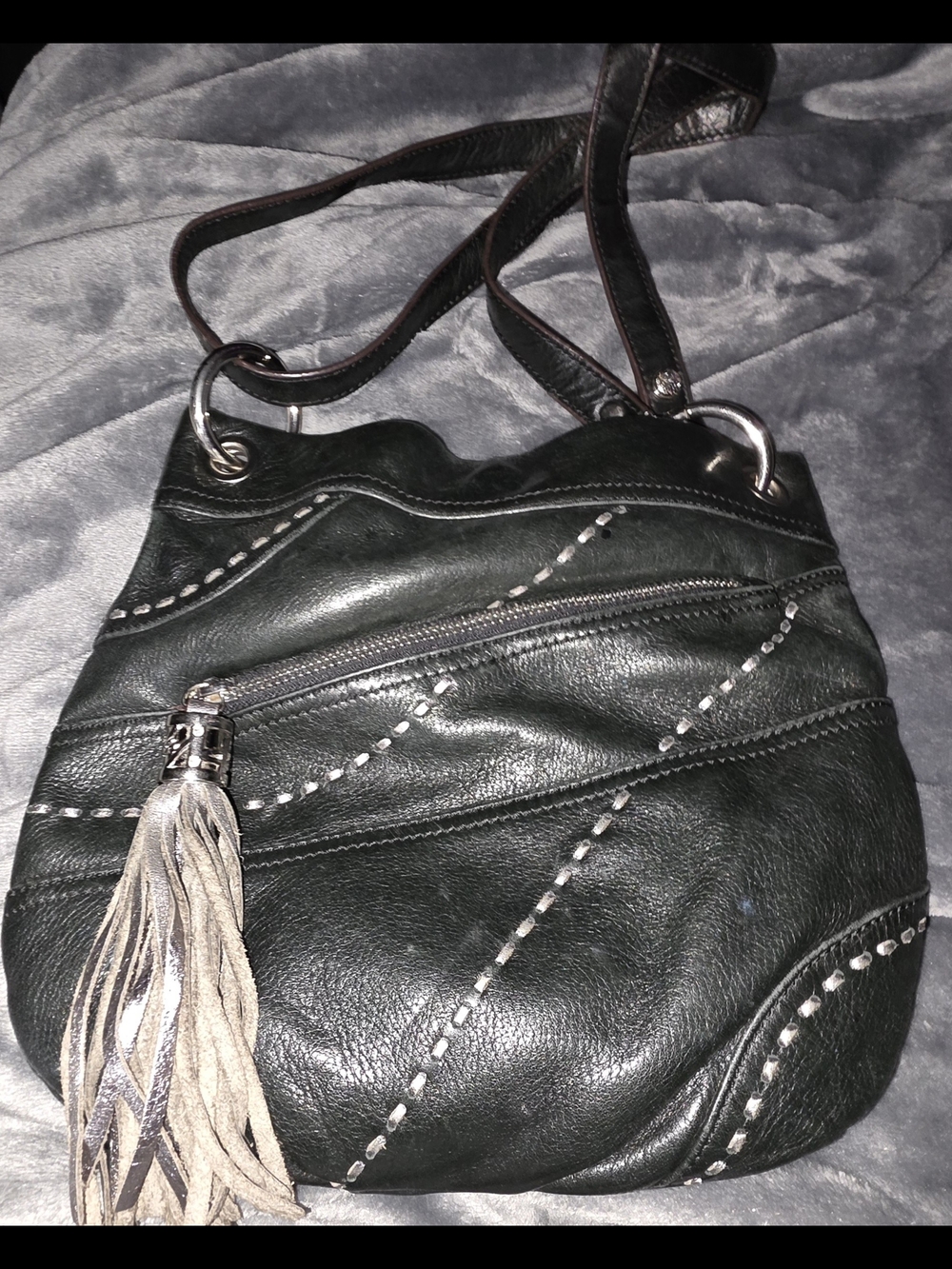 Black Leather Crossbody Bag with Tassel Accent